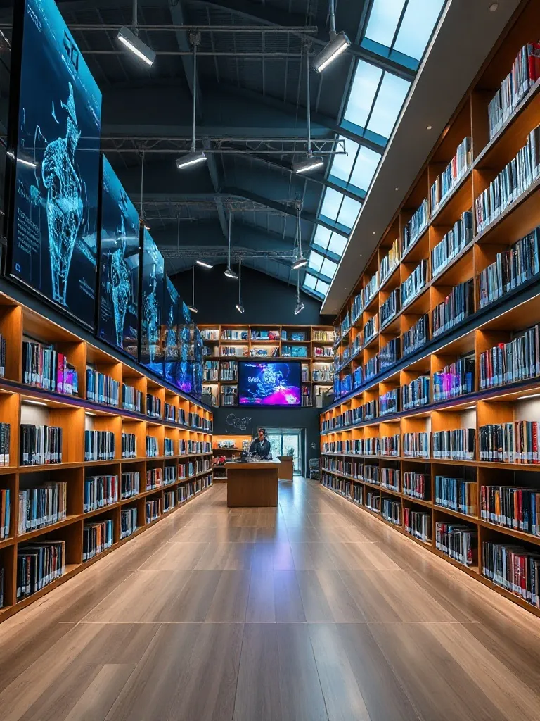 A high-tech modern library with digital displays and classic