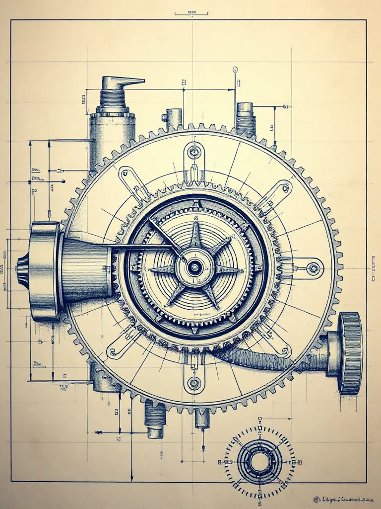 Detailed technical blueprint of a complex gear mechanism, ar